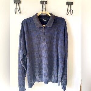 Vintage, Tosani Canada, men 2XL, blue black woven pattern collared sweater shirt